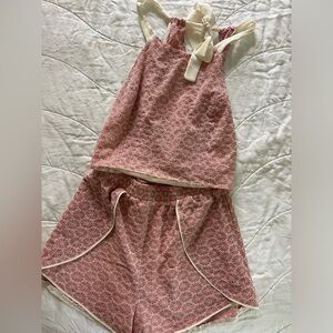 Pink and Cream Patterned Sleeveless Top and Shorts Set